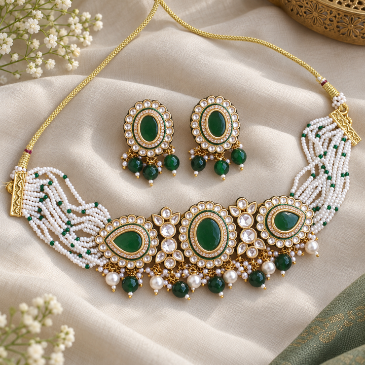 Victorian AD Choker with Pearls & Green Beads