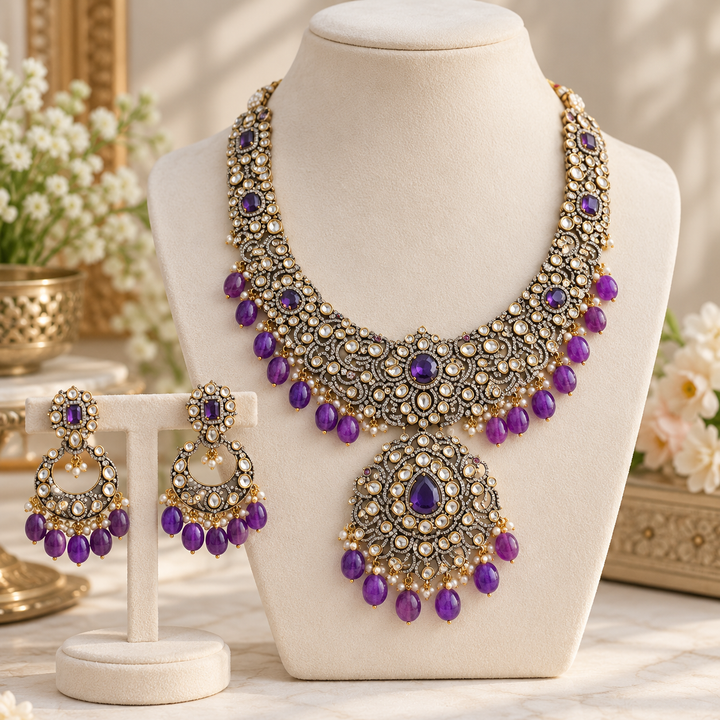 Floral Victorian Necklace with Pink Beads