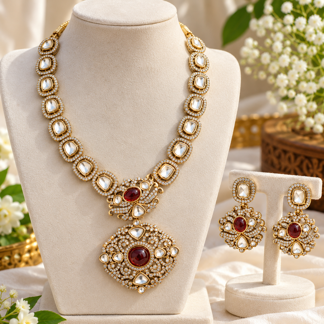 Maroon Stone Victorian Necklace with Floral Pendant