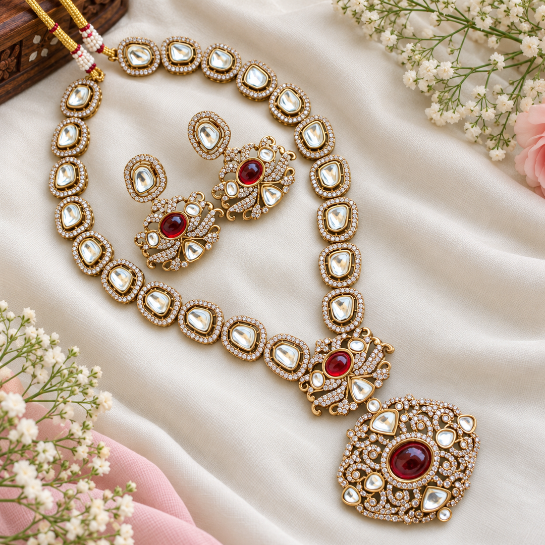 Maroon Stone Victorian Necklace with Floral Pendant