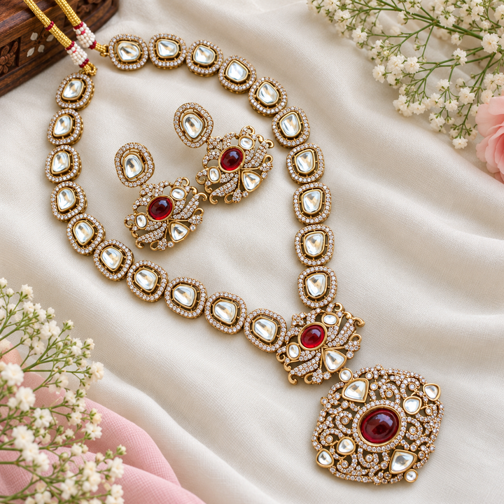 Maroon Stone Victorian Necklace with Floral Pendant