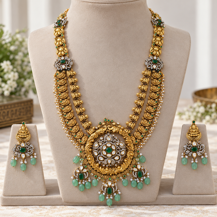 Dual-Tone Victorian AD Long Necklace with Green Beads