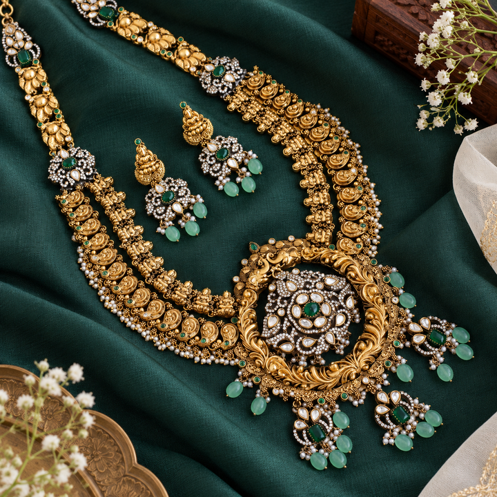 Dual-Tone Victorian AD Long Necklace with Green Beads