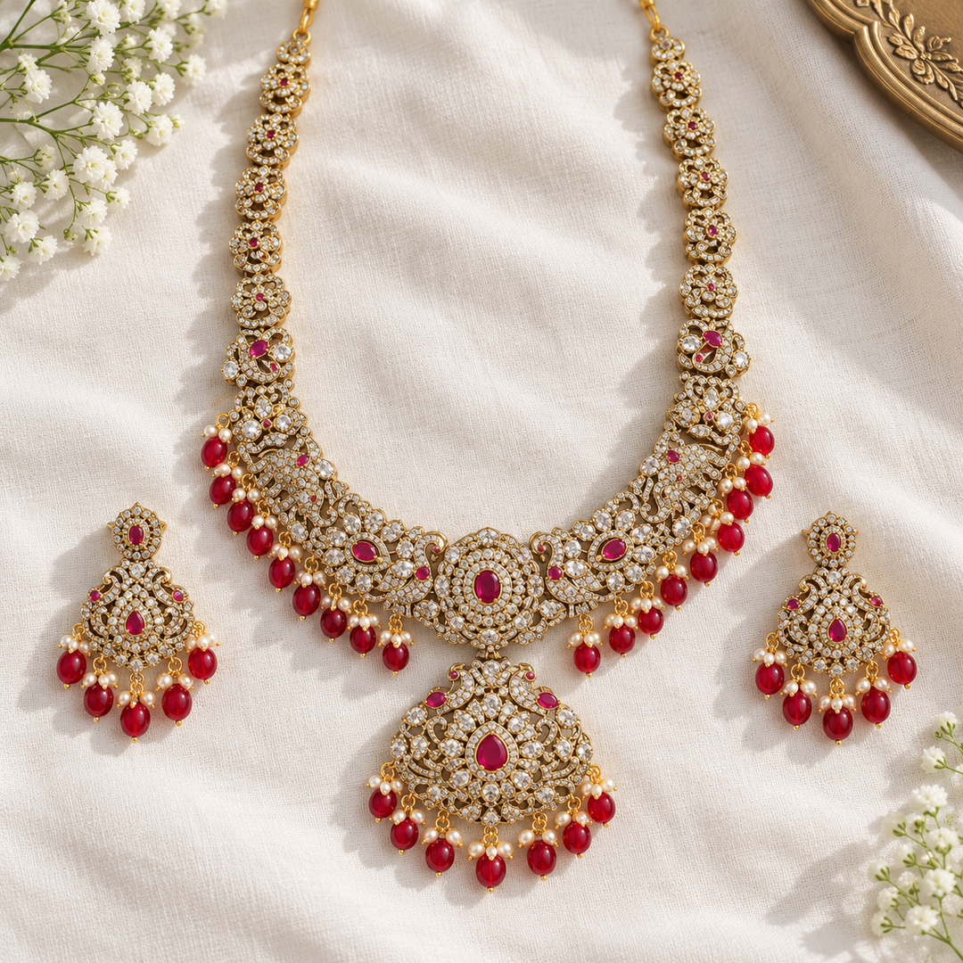 Peacock Elephant Victorian AD Long Necklace with Ruby Pearls
