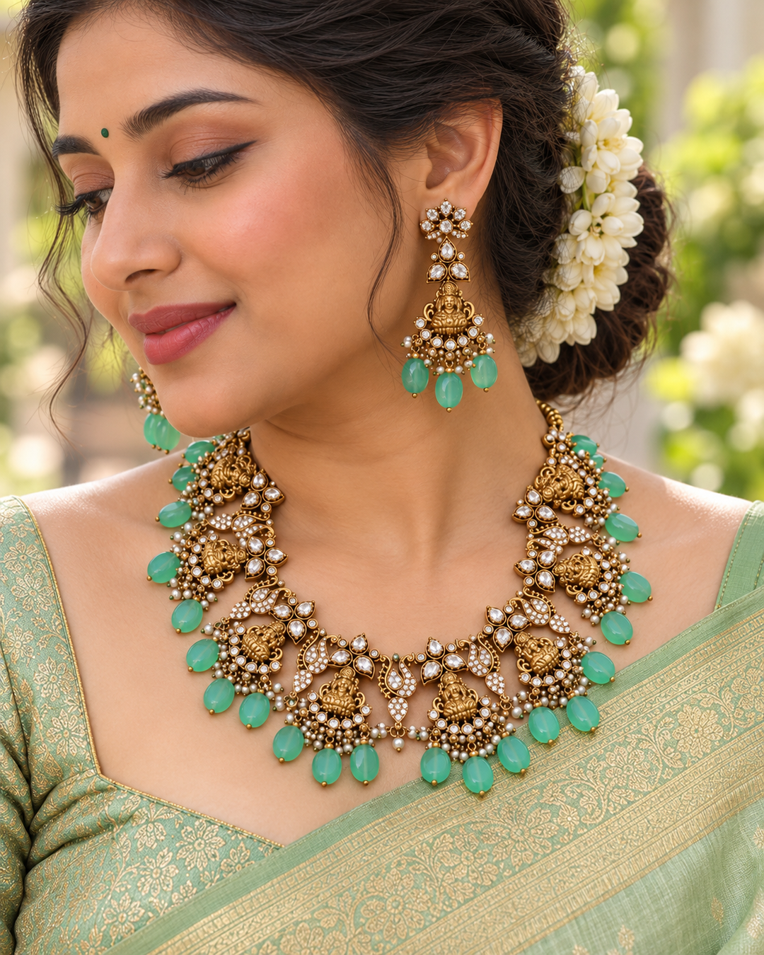 Victorian AD Lakshmi Peacock Necklace with Green Beads