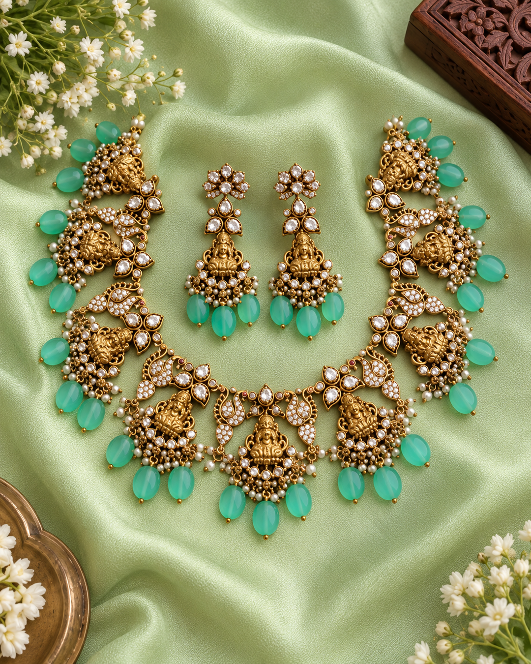 Victorian AD Lakshmi Peacock Necklace with Green Beads
