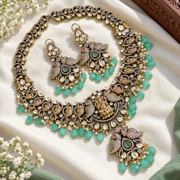 Ganesha Parrot Victorian Necklace with Purple Beads