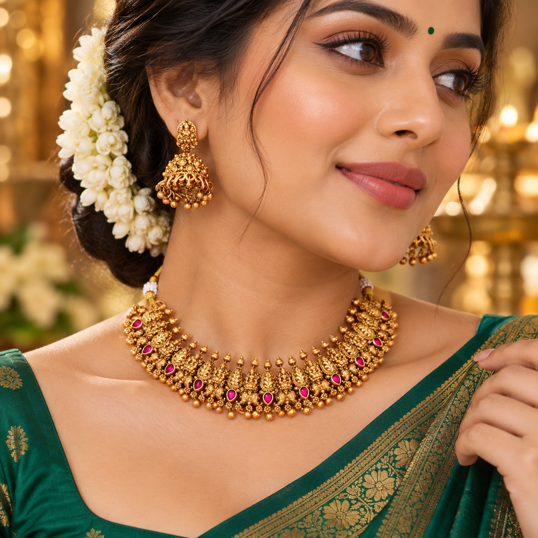 Exquisite Gold Temple Necklace & Earrings Set Online