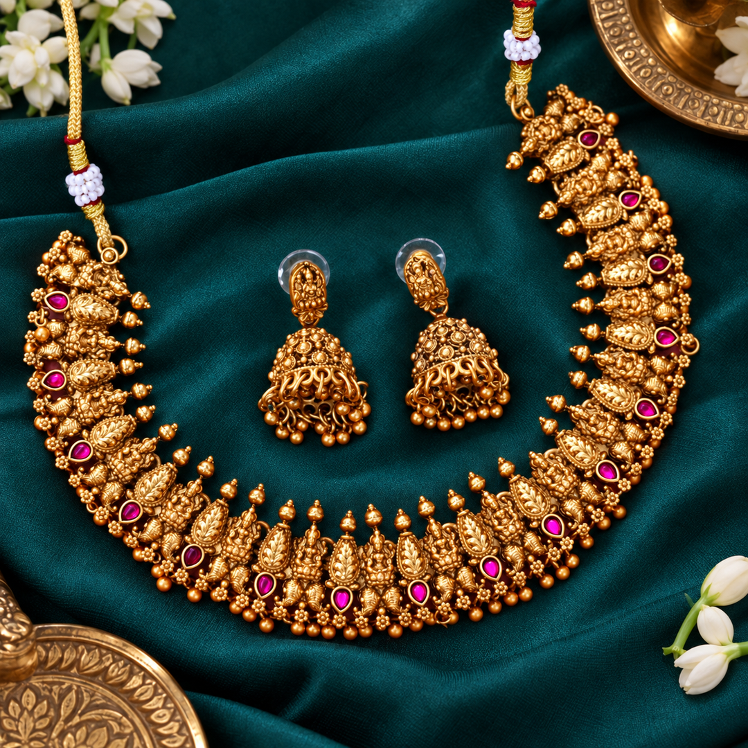 Exquisite Gold Temple Necklace & Earrings Set Online