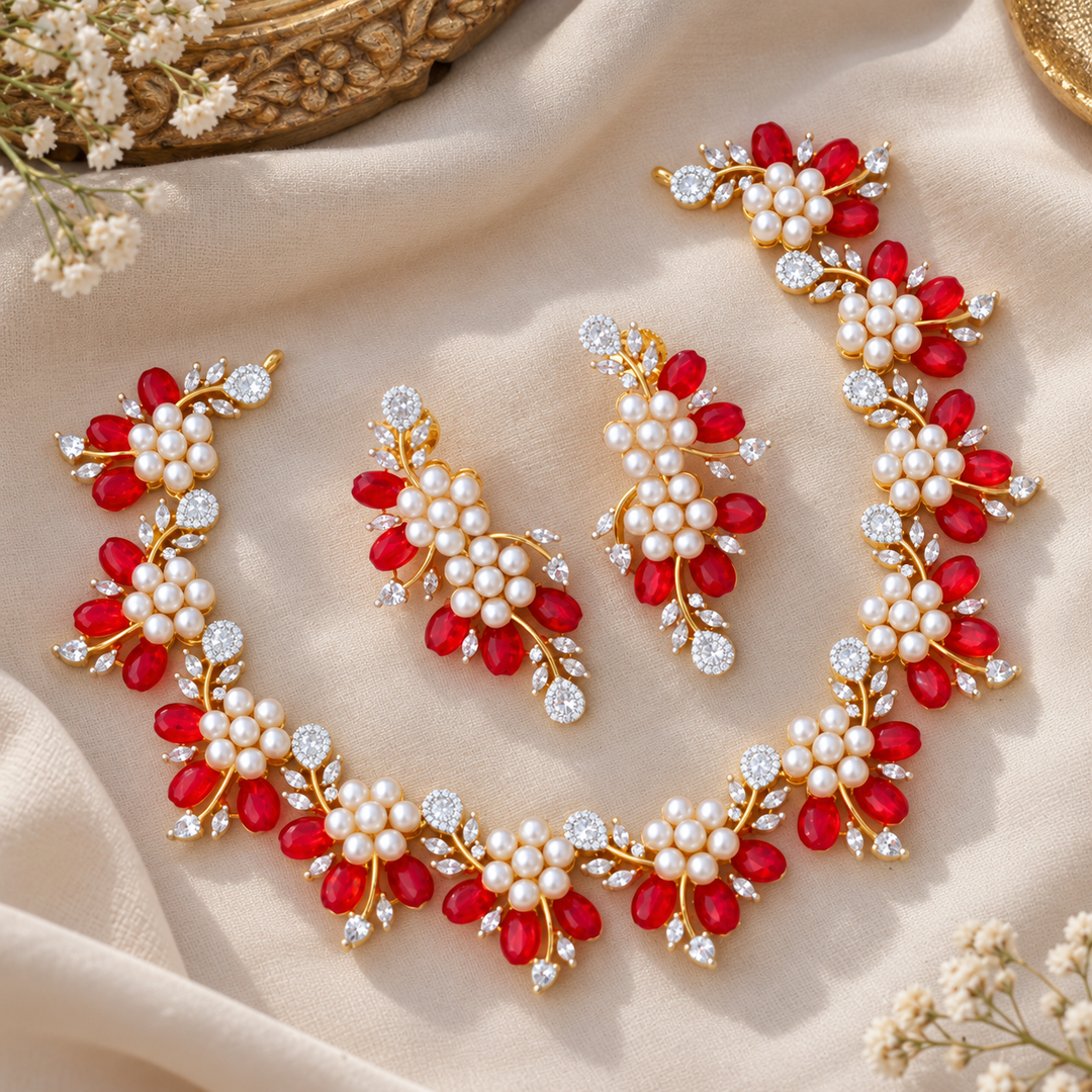 Red Floral Necklace with American Diamonds - Elegant Set