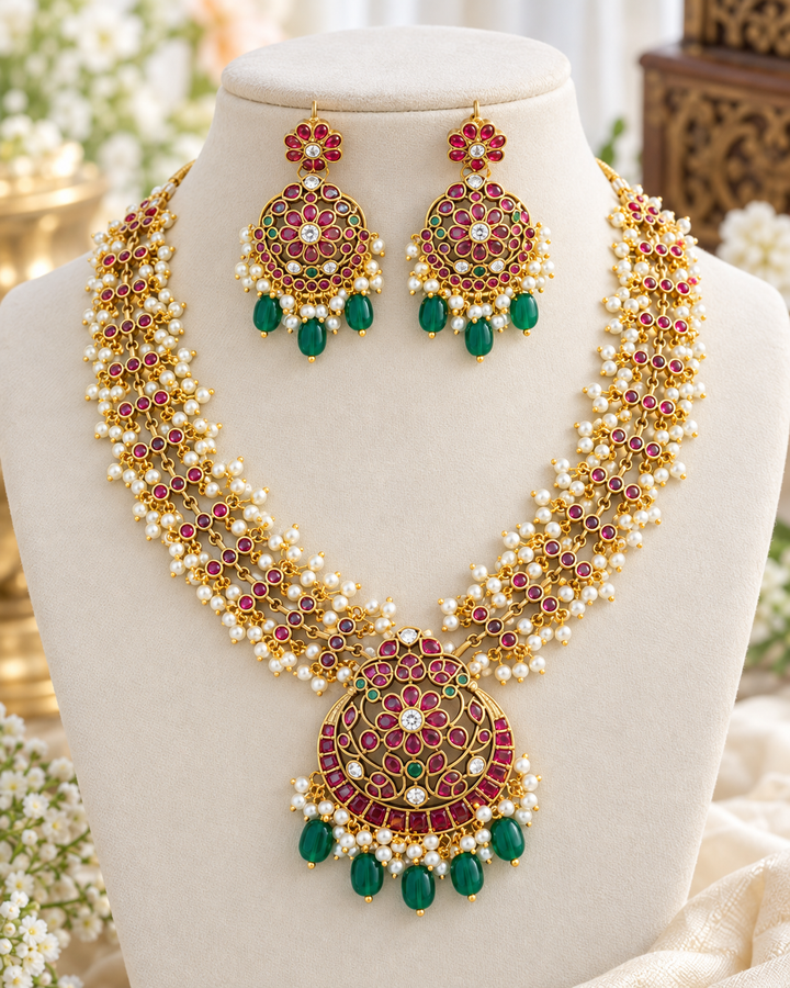 Stunning Gold Jadau Necklace Set for Weddings