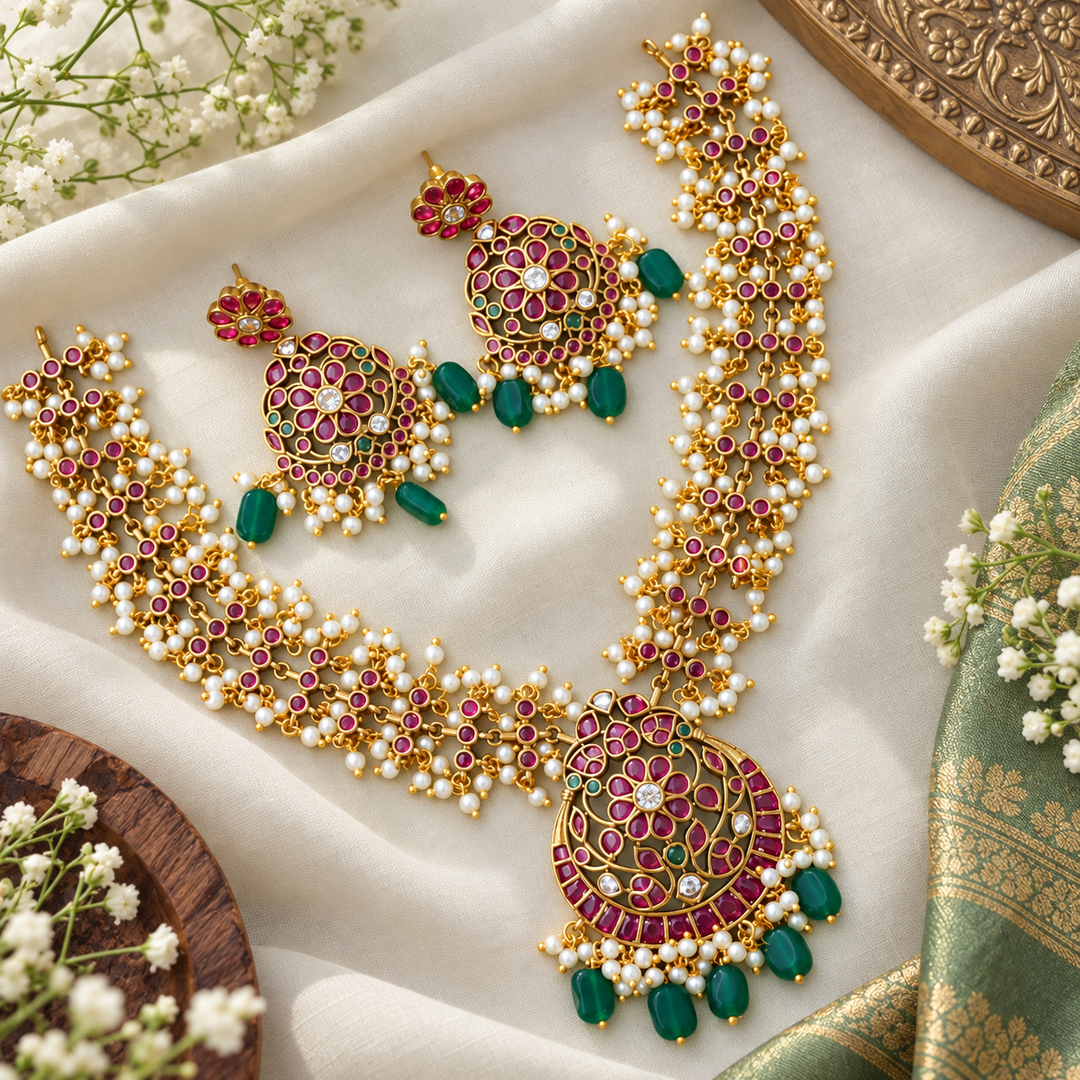 Stunning Gold Jadau Necklace Set for Weddings