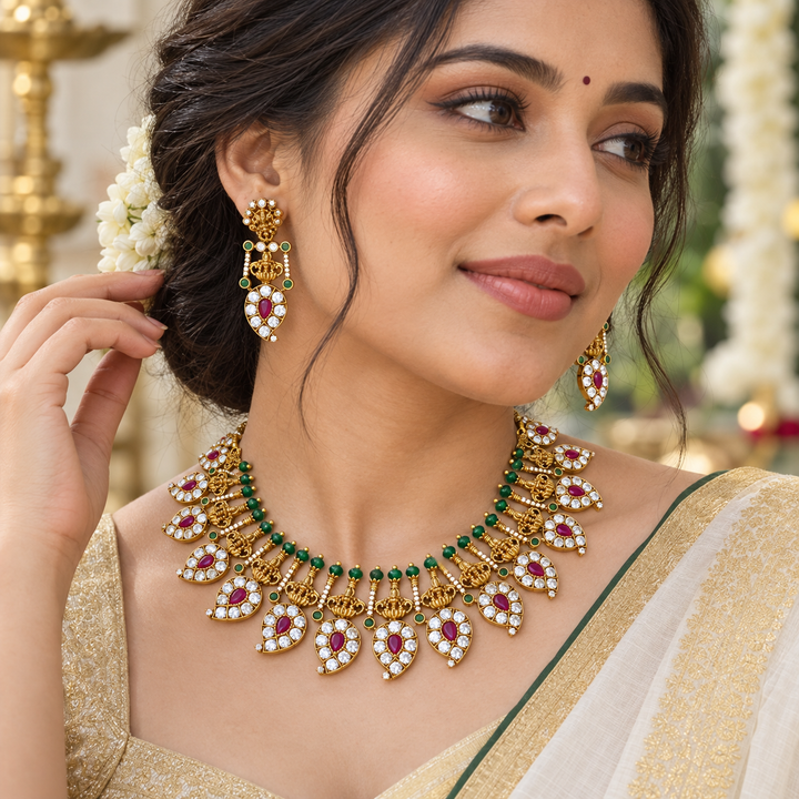 Stunning Gold Jadau Necklace Set for Festivals & Weddings