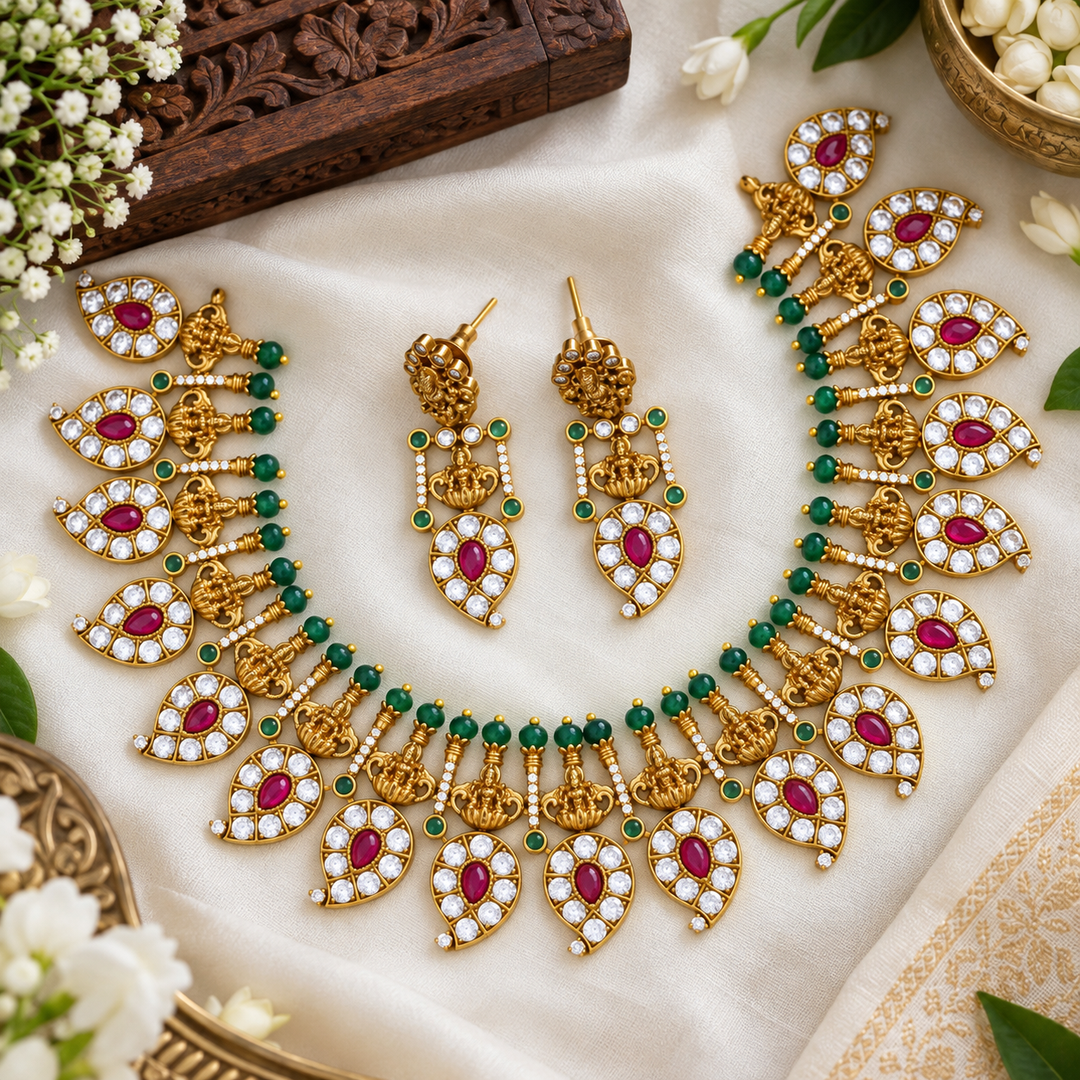Stunning Gold Jadau Necklace Set for Festivals & Weddings