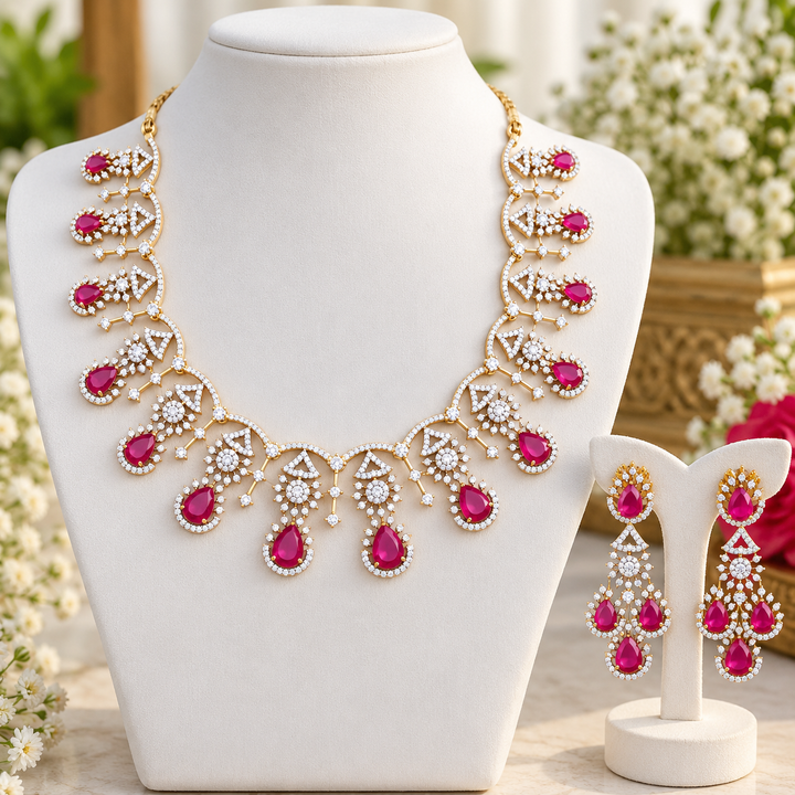 Exquisite American Diamond Necklace Set with Ruby