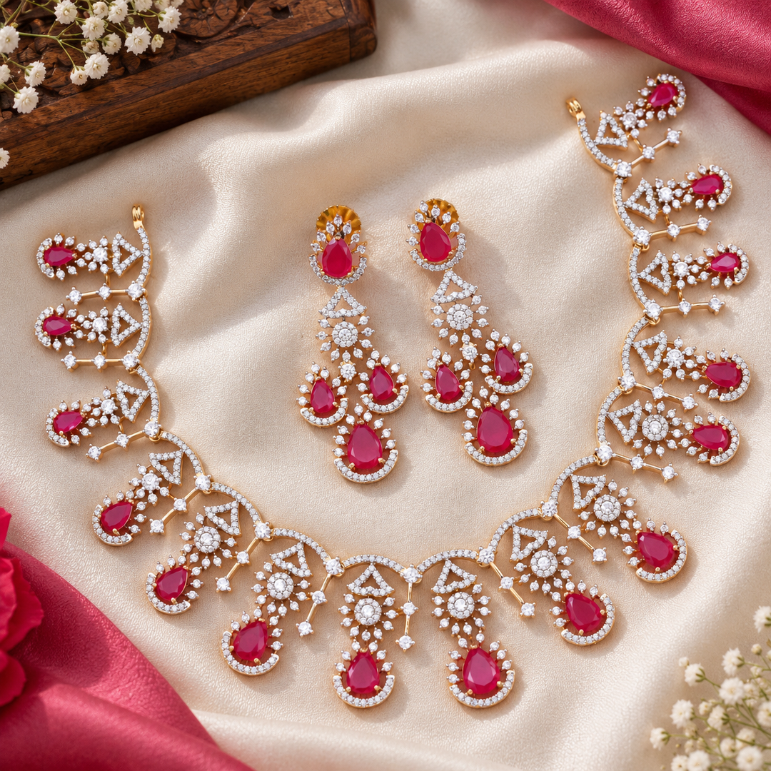 Exquisite American Diamond Necklace Set with Ruby
