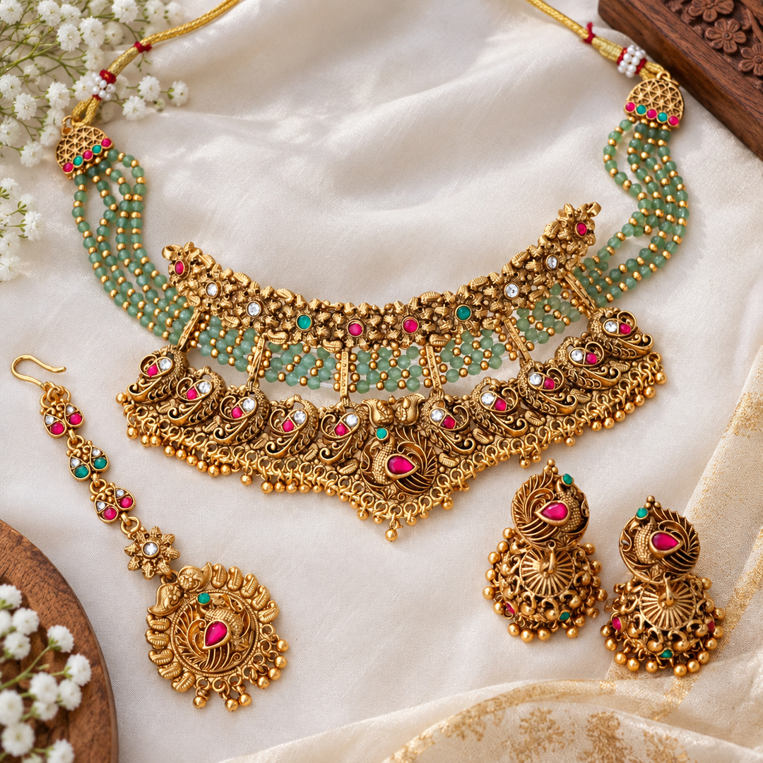 Exquisite Gold Plated Wedding Choker Set with Earrings