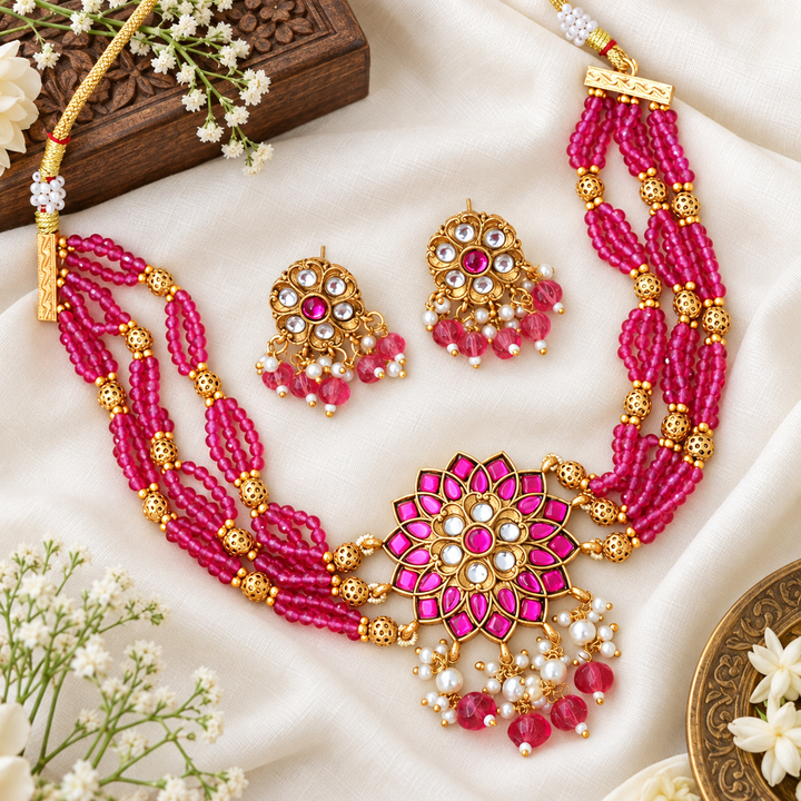 Exquisite Gold & Pink Necklace Set for Weddings