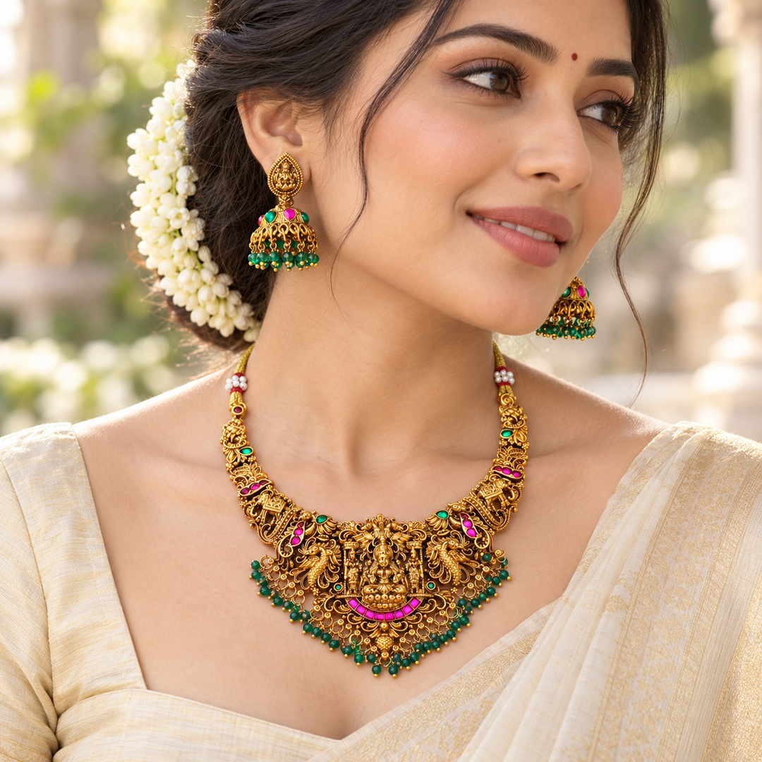 Radiant Gold Lakshmi Necklace for Bridal Elegance