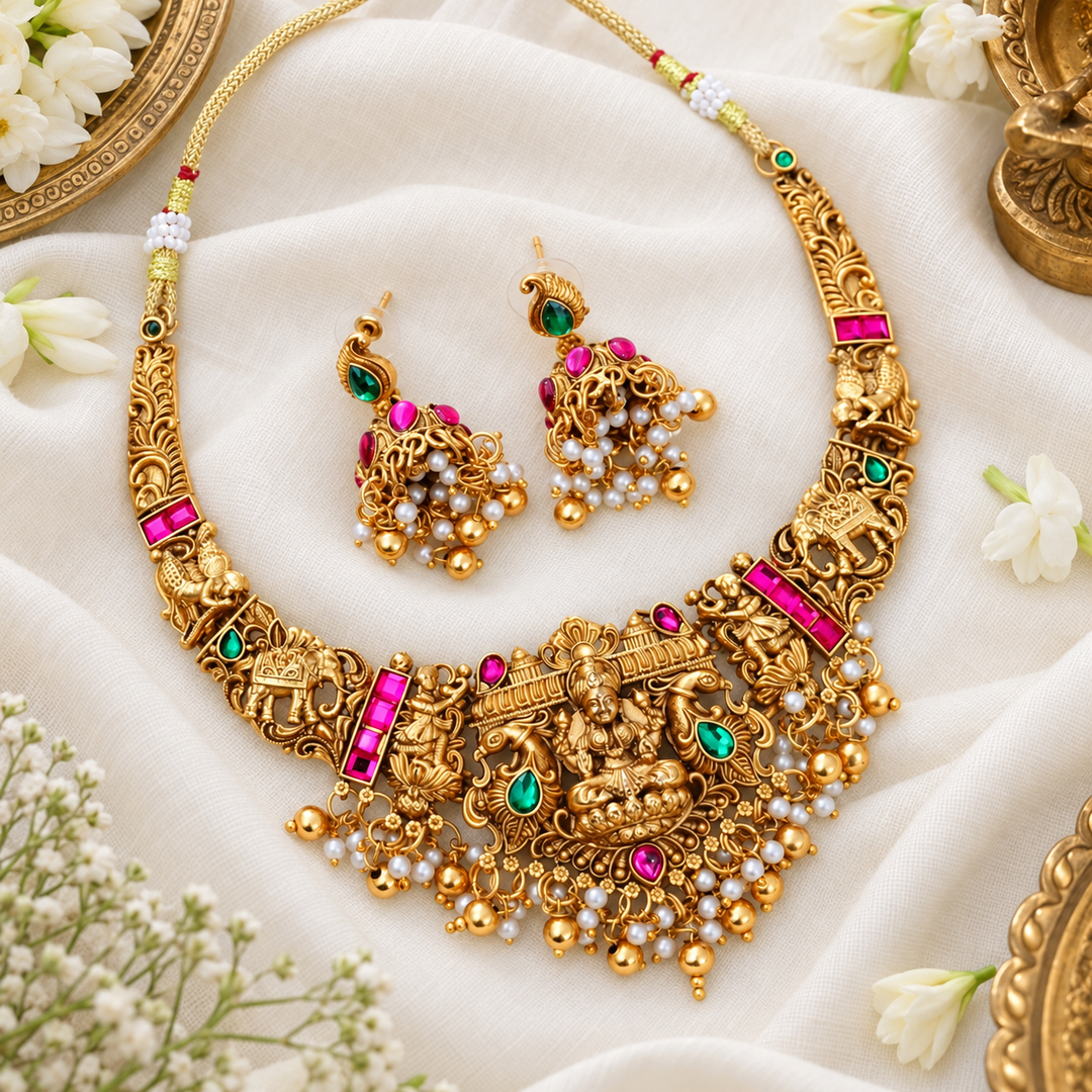 Temple Necklace Set in Gold & Pearl for Festive Elegance