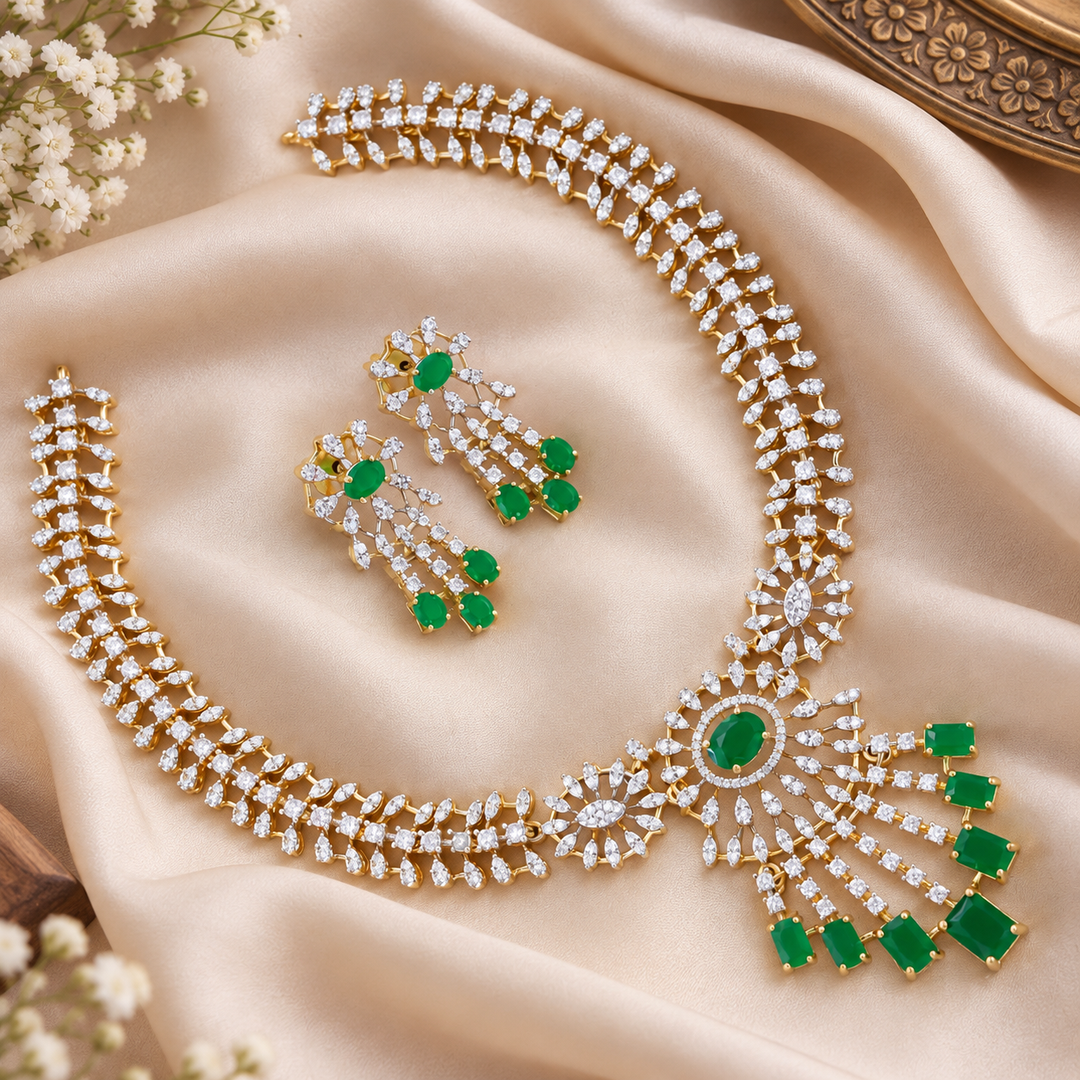 Stunning American Diamond & Green Accent Necklace Set