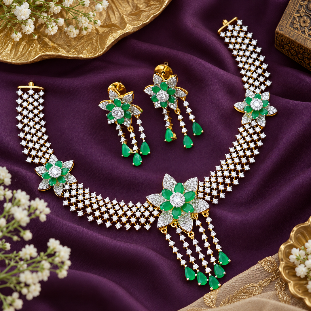 Elegant Green Petal Necklace Set for Festivities