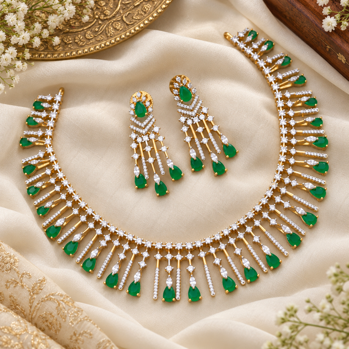 Radiant Diamond and Emerald Wedding Necklace Set