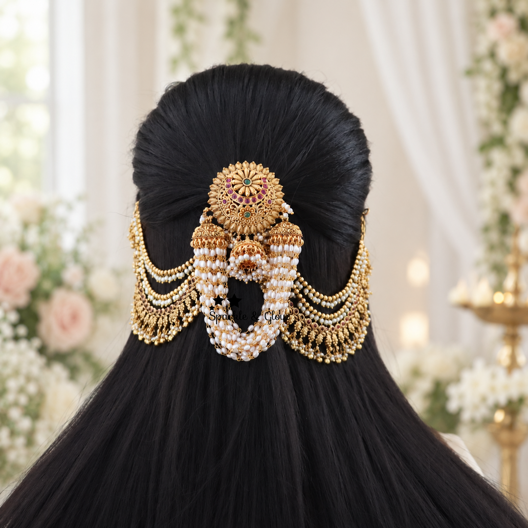 Exquisite Kemp Floral Pearl Hair Accessory Set with Gold Ear Chains