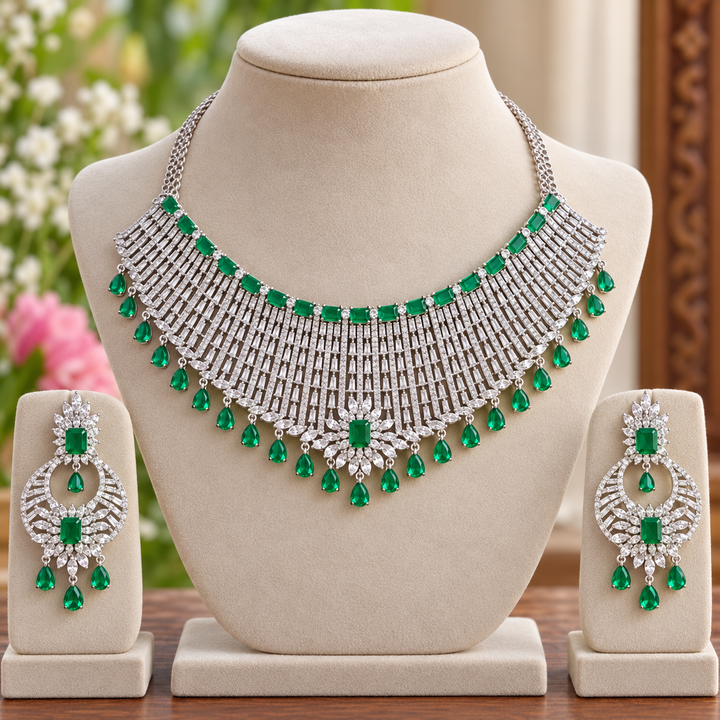 Silver AD Stone Choker & Earrings Set - Sparkling Elegance