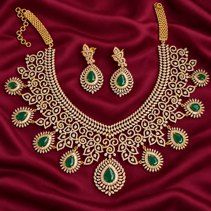 GJ Green American Diamond Intricate Necklace