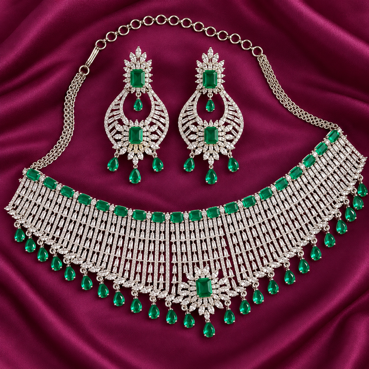 Silver AD Stone Choker & Earrings Set - Sparkling Elegance