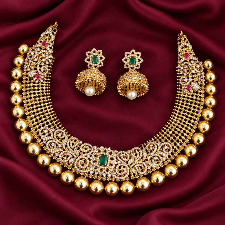 Gold AD Stone Short Necklace - Elegant Design