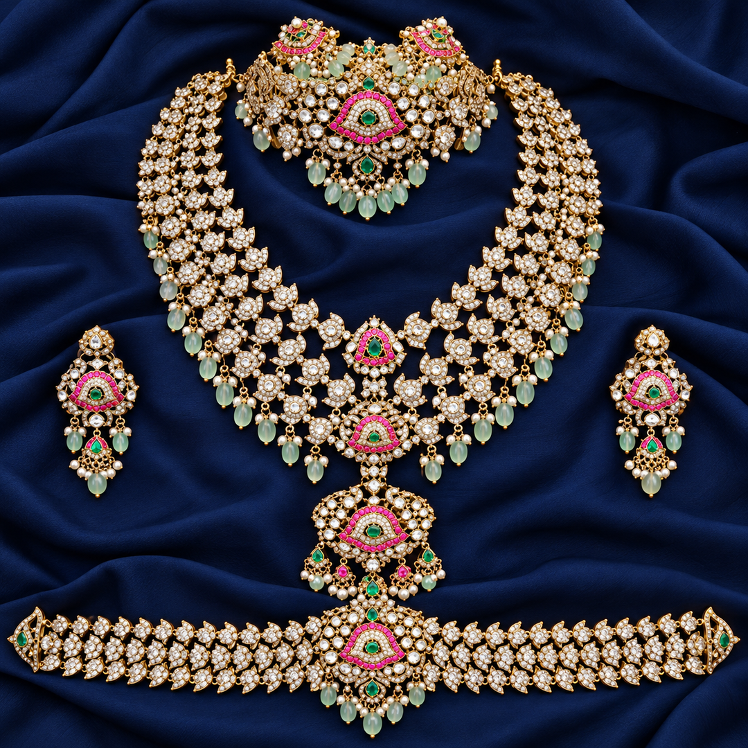 Grand Victorian AD Floral Bridal Set with Layered Necklaces
