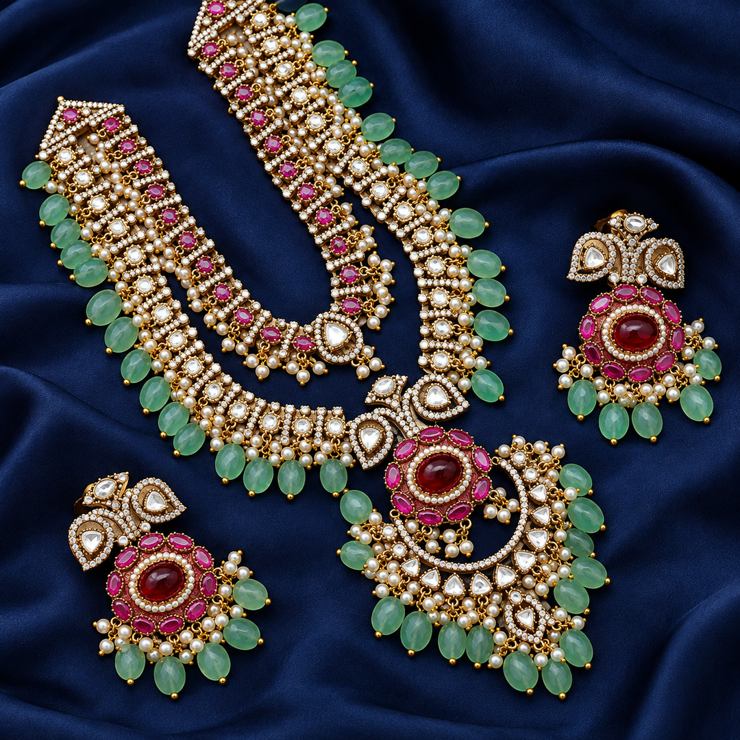 Grand Victorian AD Mango Floral Layered Necklace Set