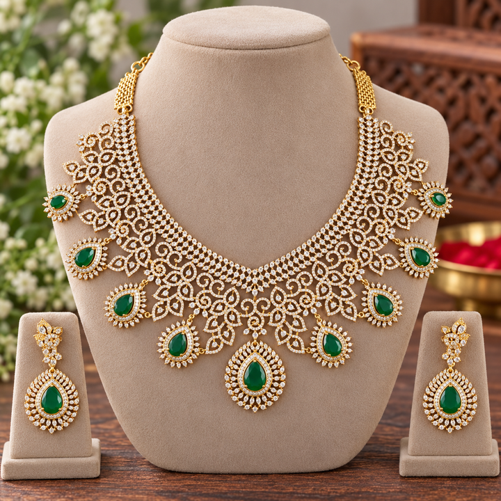 GJ Green American Diamond Intricate Necklace