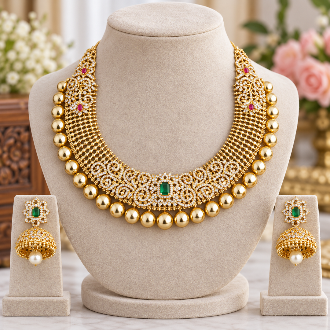 Gold AD Stone Short Necklace - Elegant Design