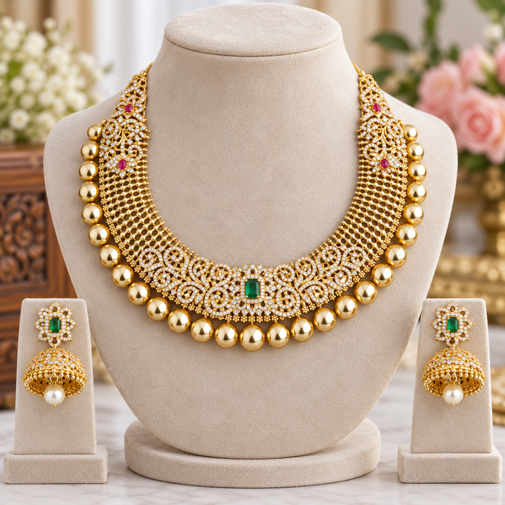 Gold AD Stone Short Necklace - Elegant Design