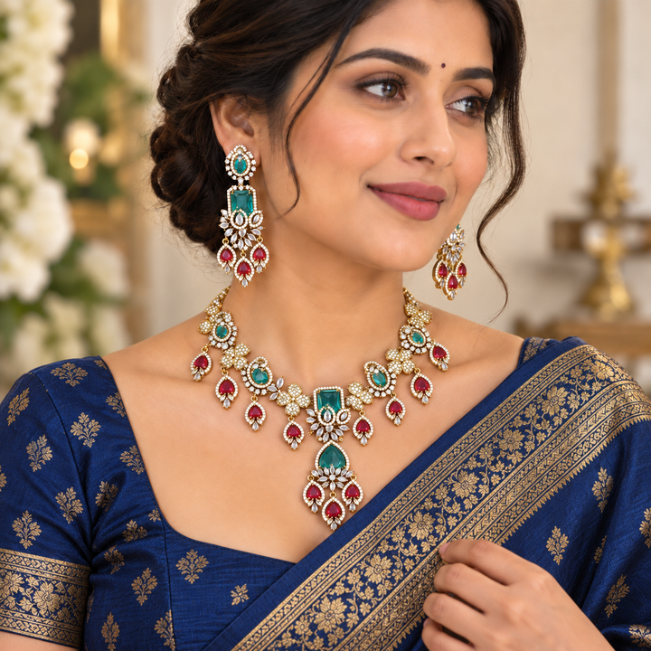 Exquisite Gemstone Short Necklace Set - Sparkle & Glow