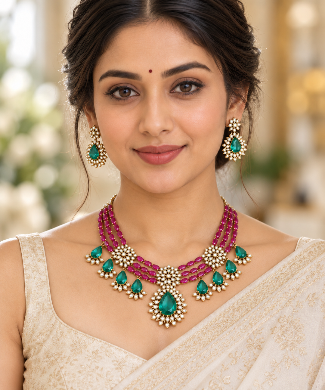 American Diamond & Emerald Necklace Set - Sparkle & Glow