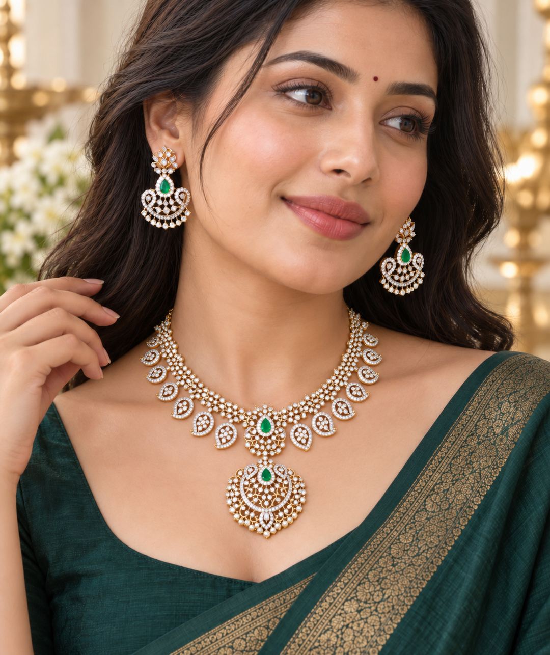 Exquisite American Diamond & Emerald Necklace Set