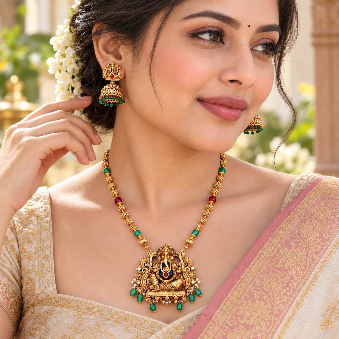 Elegant Temple Necklace with Ganesh Pendant