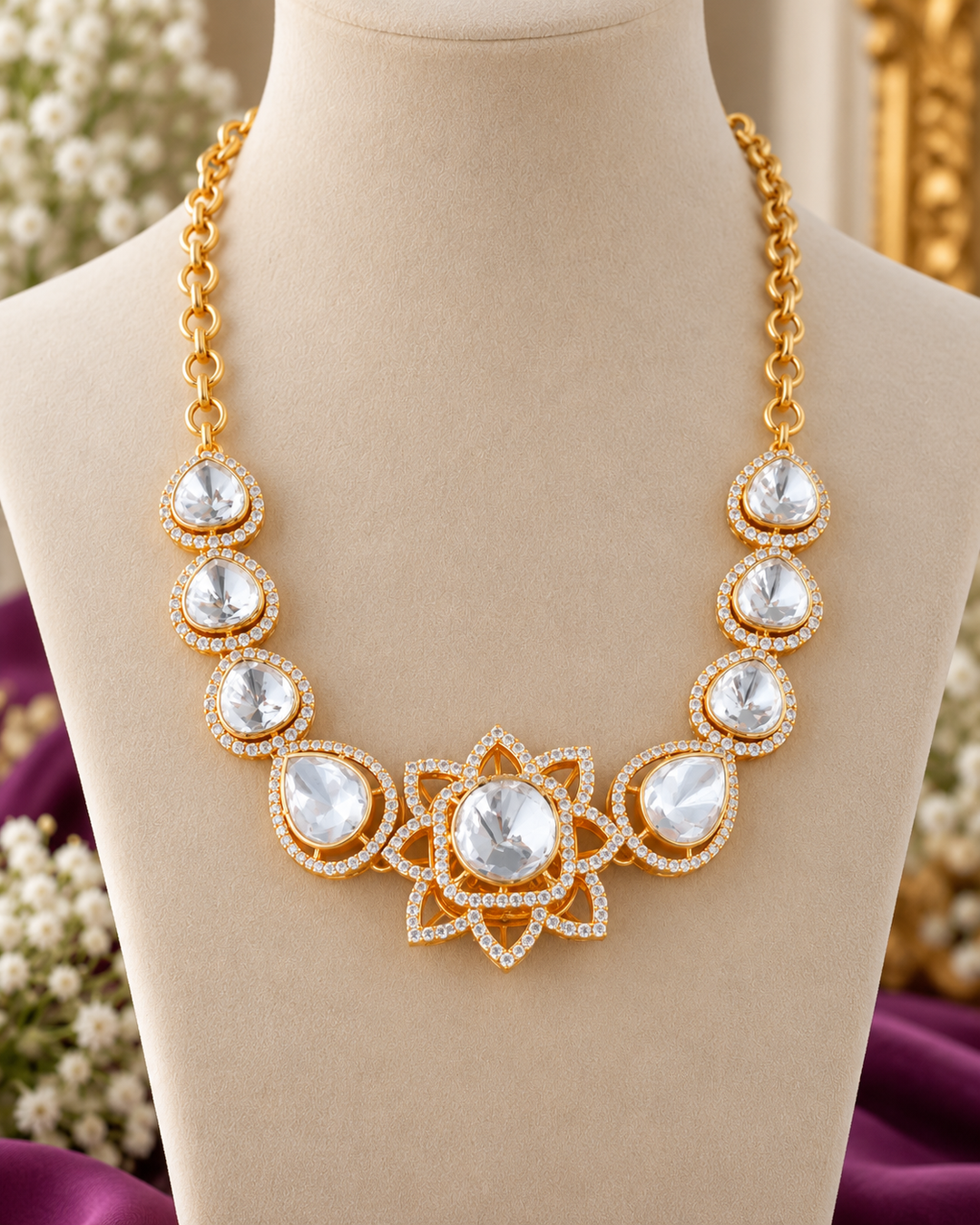 Gold-Plated Floral Kundan Short Necklace
