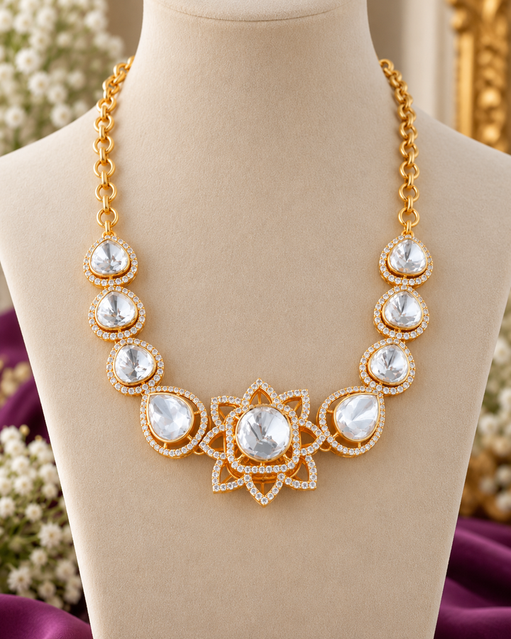 Gold-Plated Floral Kundan Short Necklace