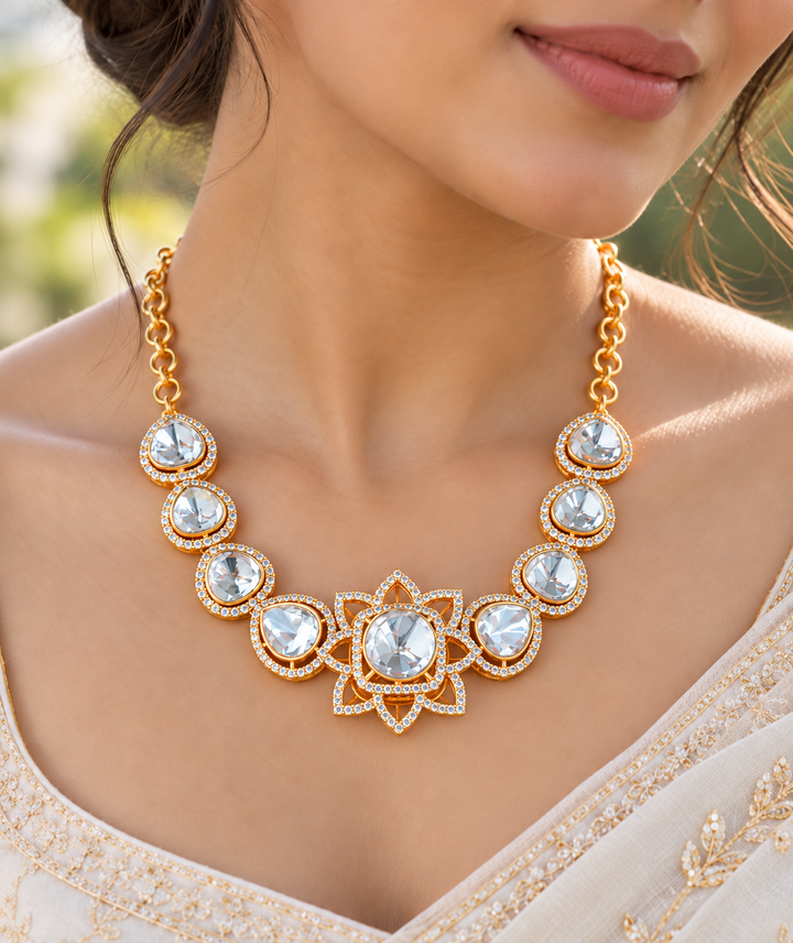 Gold-Plated Floral Kundan Short Necklace