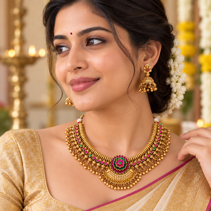 Elegant Gold Short Necklace for Weddings and Festive Celebrations