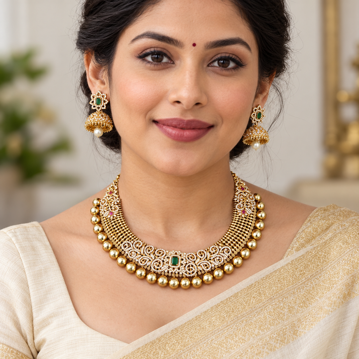 Gold AD Stone Short Necklace - Elegant Design