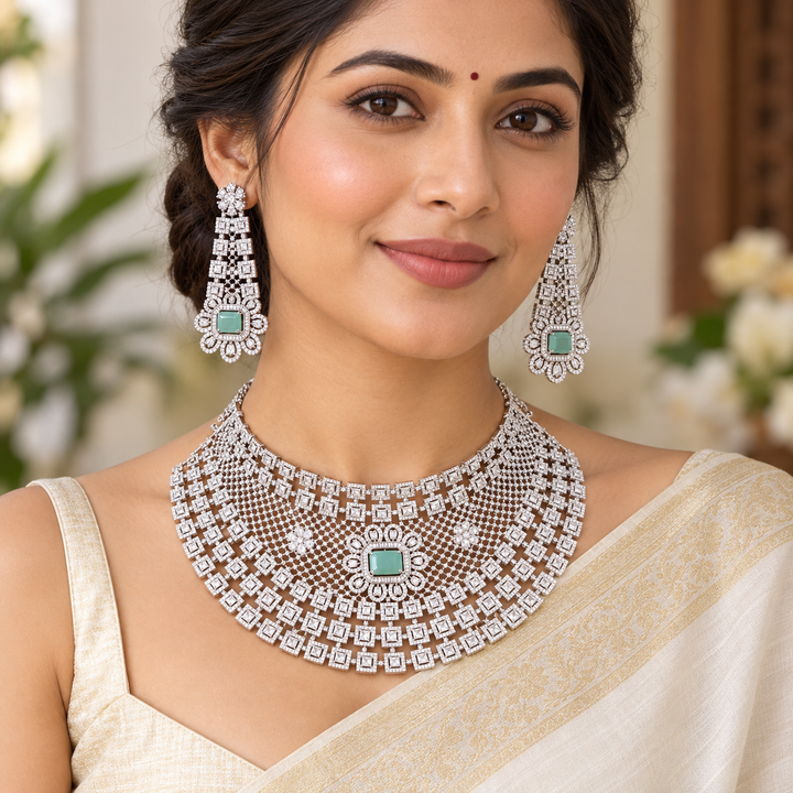 Silver Polish Bridal AD Choker Necklace