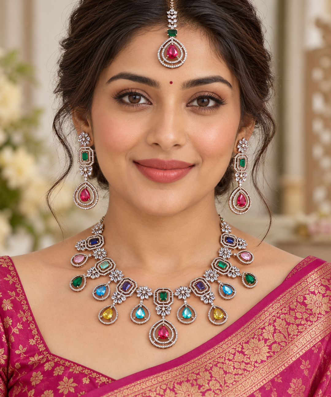 Victorian AD Necklace & Maangtikka Set - Sparkle Waterdrop