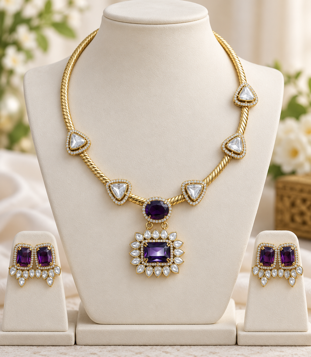 Blue Victorian AD Hasli Choker – Floral Rectangle Stone