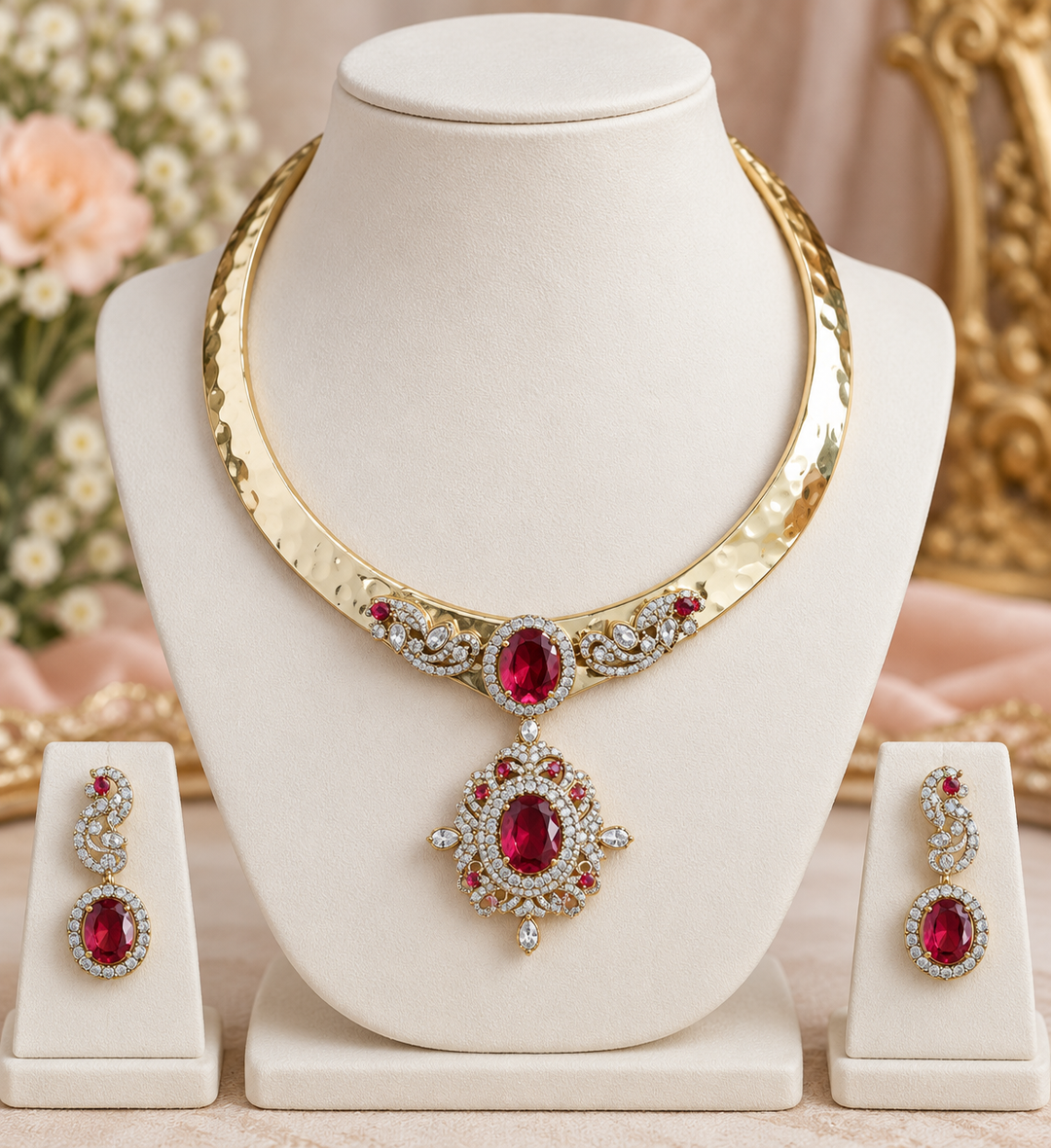 Victorian AD Peacock Hasli Choker with Red Stones